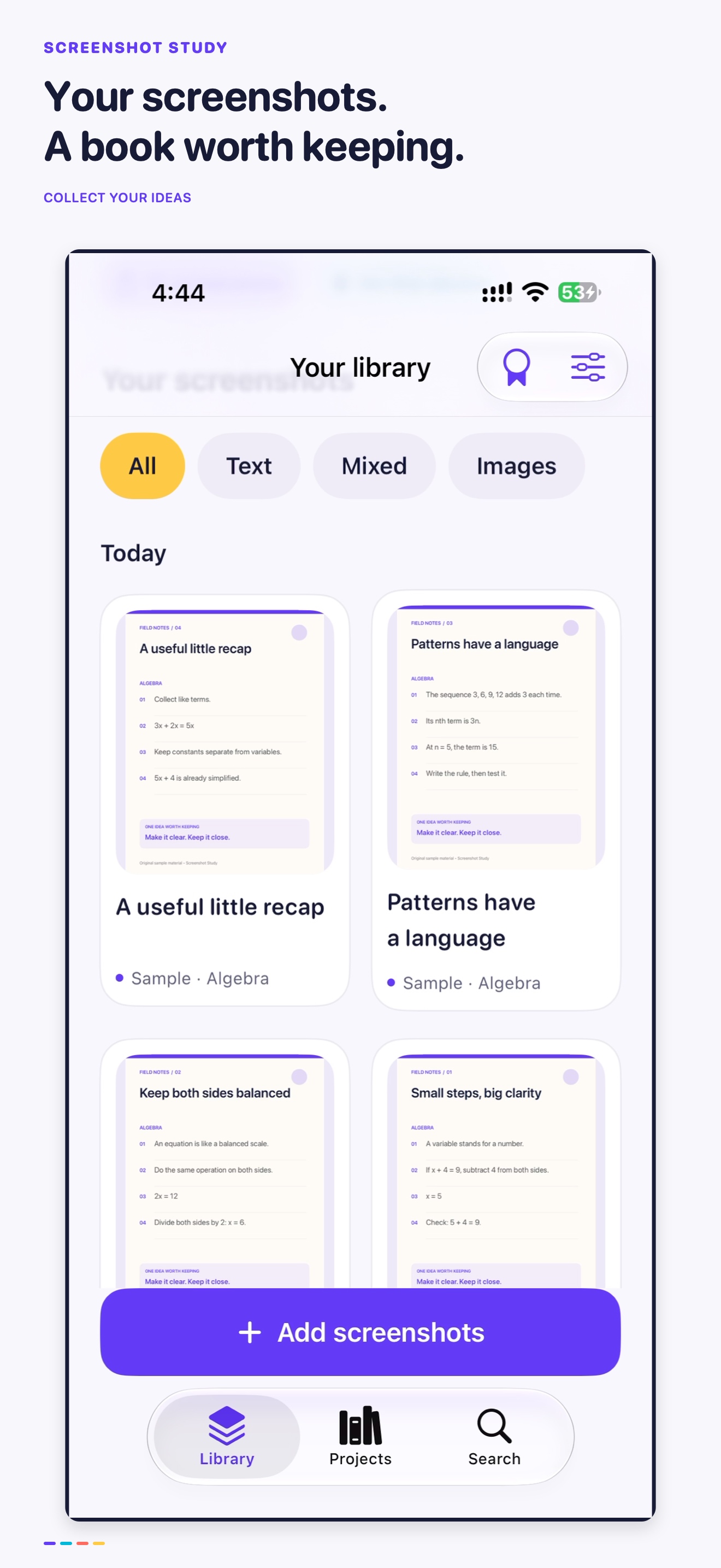 Screenshot Study’s Library with original sample notes grouped by date